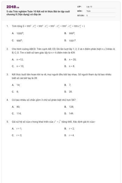 5 câu Trắc nghiệm Toán 10 Kết nối tri thức Bài ôn tập cuối chương 8 (Vận dụng) có đáp án