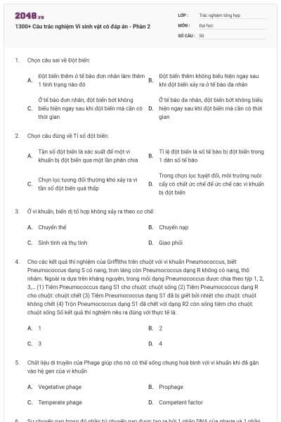 1300+ Câu trắc nghiệm Vi sinh vật có đáp án - Phần 2