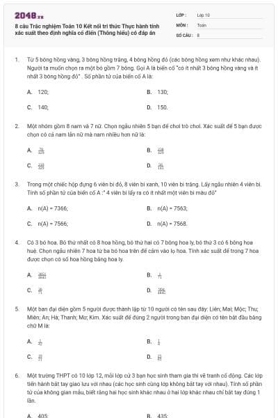 8 câu Trắc nghiệm Toán 10 Kết nối tri thức Thực hành tính xác suất theo định nghĩa cổ điển (Thông hiểu) có đáp án