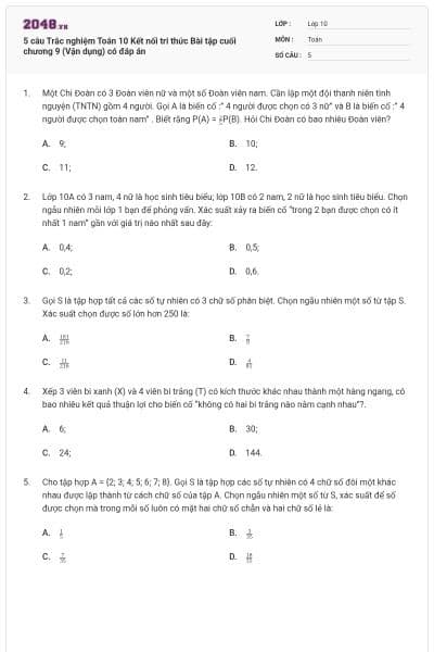 5 câu Trắc nghiệm Toán 10 Kết nối tri thức Bài tập cuối chương 9 (Vận dụng) có đáp án
