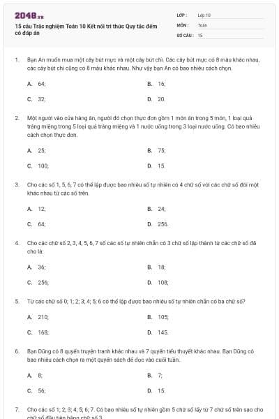 15 câu Trắc nghiệm Toán 10 Kết nối tri thức Quy tắc đếm có đáp án
