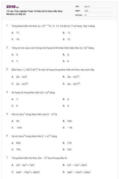 15 câu Trắc nghiệm Toán 10 Kết nối tri thức Nhi thức Newton có đáp án