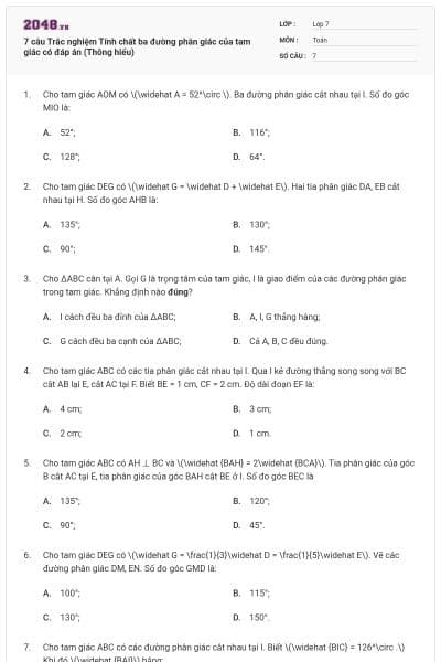 7 câu Trắc nghiệm Tính chất ba đường phân giác của tam giác có đáp án (Thông hiểu)