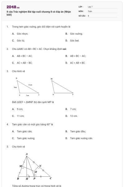 8 câu Trắc nghiệm Bài tập cuối chương 8 có đáp án (Nhận biết)