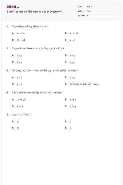 5 câu Trắc nghiệm Tỉ lệ thức có đáp án (Nhận biết)