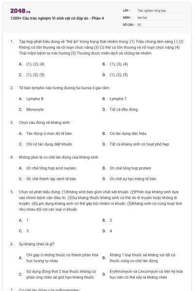 1300+ Câu trắc nghiệm Vi sinh vật có đáp án - Phần 4