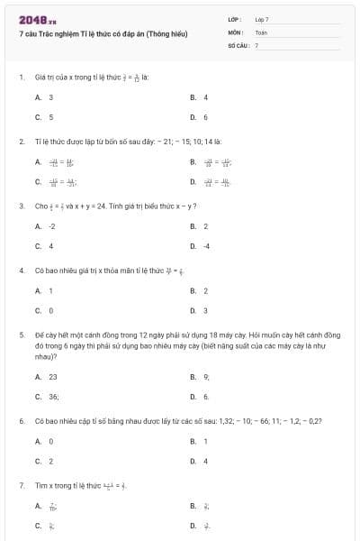 7 câu Trắc nghiệm Tỉ lệ thức có đáp án (Thông hiểu)