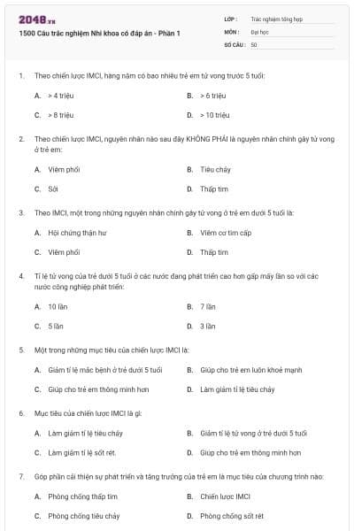 1500 Câu trắc nghiệm Nhi khoa có đáp án - Phần 1