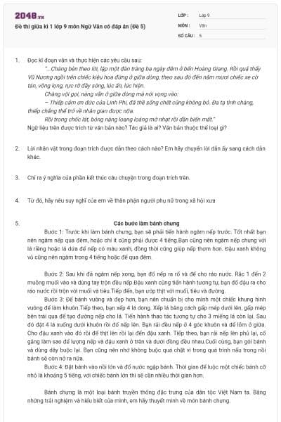 Đề thi giữa kì 1 lớp 9 môn Ngữ Văn có đáp án (Đề 5)