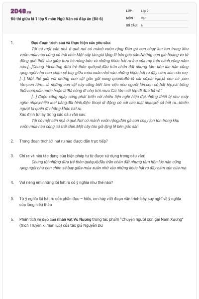 Đề thi giữa kì 1 lớp 9 môn Ngữ Văn có đáp án (Đề 6)