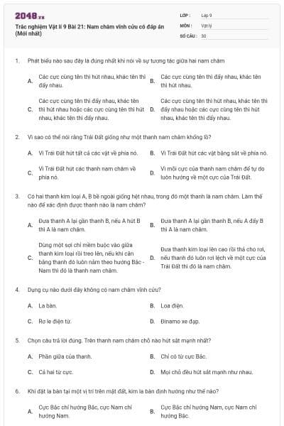 Trắc nghiệm Vật lí 9 Bài 21: Nam châm vĩnh cửu có đáp án (Mới nhất)