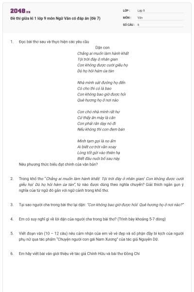 Đề thi giữa kì 1 lớp 9 môn Ngữ Văn có đáp án (Đề 7)