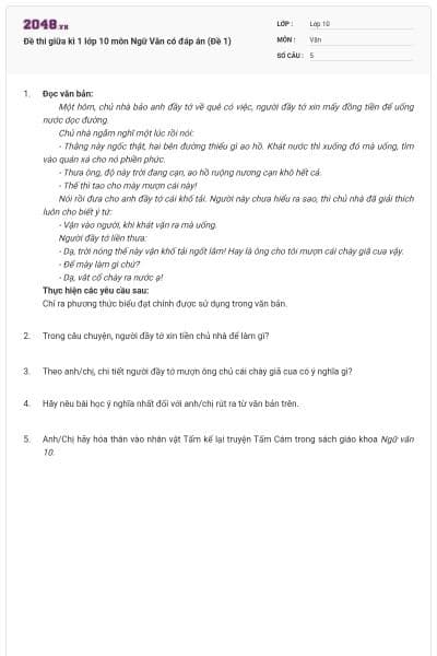 Đề thi giữa kì 1 lớp 10 môn Ngữ Văn có đáp án (Đề 1)