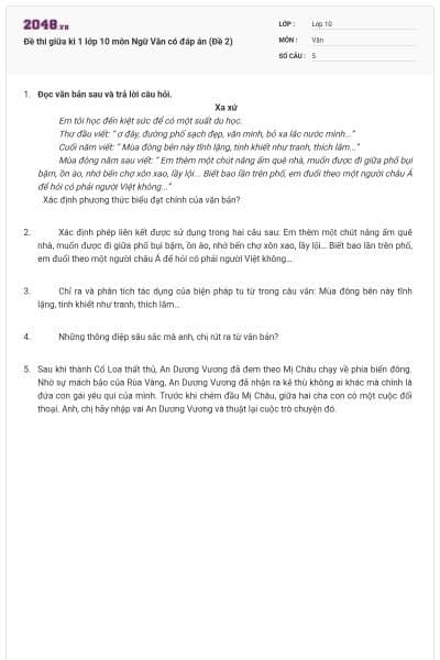 Đề thi giữa kì 1 lớp 10 môn Ngữ Văn có đáp án (Đề 2)