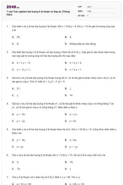 7 câu Trắc nghiệm Đại lượng tỉ lệ thuận có đáp án (Thông hiểu)