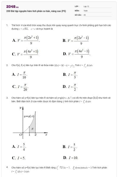 200 Bài tập nguyên hàm tích phân cơ bản, nâng cao (P5)