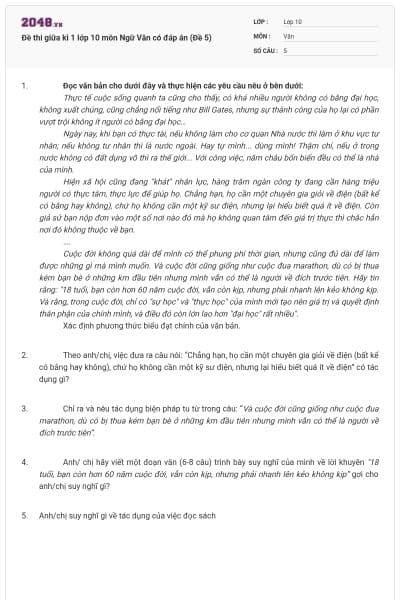 Đề thi giữa kì 1 lớp 10 môn Ngữ Văn có đáp án (Đề 5)