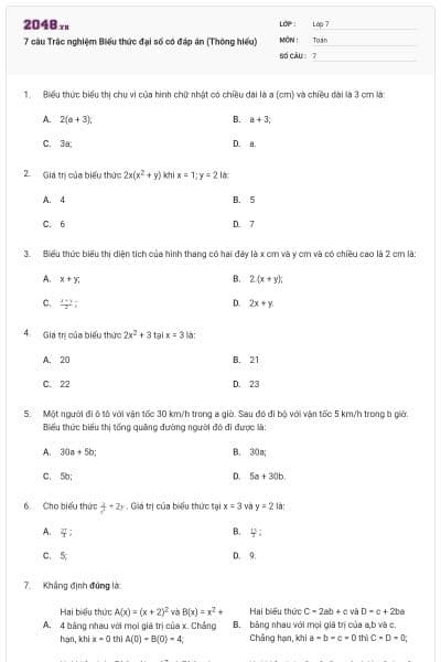 7 câu Trắc nghiệm Biểu thức đại số có đáp án (Thông hiểu)