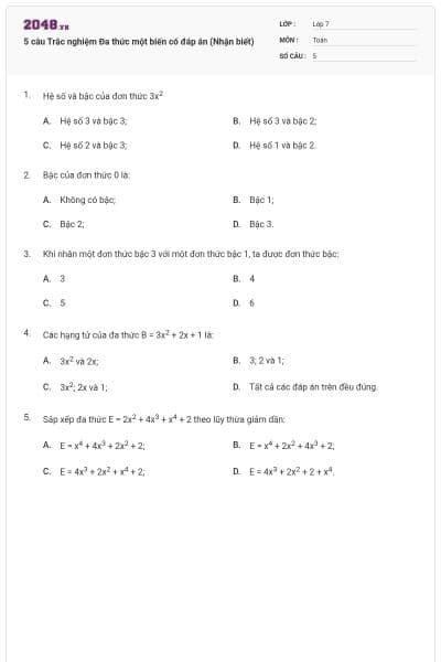 5 câu Trắc nghiệm Đa thức một biến có đáp án (Nhận biết)