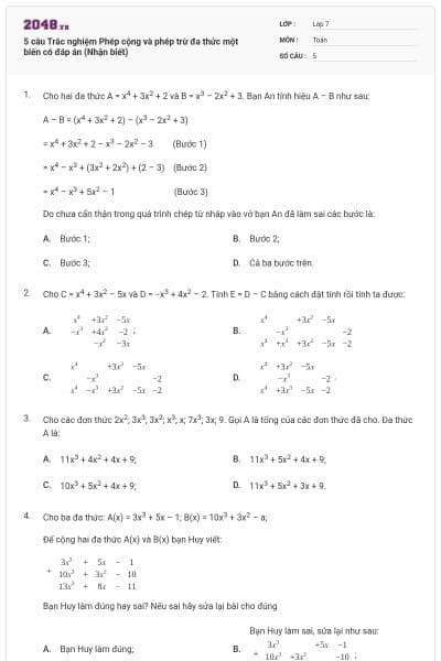 5 câu Trắc nghiệm Phép cộng và phép trừ đa thức một biến có đáp án (Nhận biết)