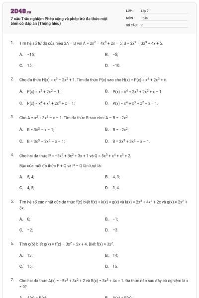 7 câu Trắc nghiệm Phép cộng và phép trừ đa thức một biến có đáp án (Thông hiểu)
