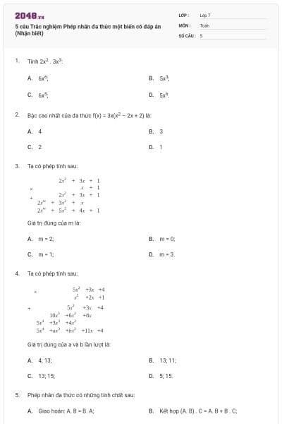 5 câu Trắc nghiệm Phép nhân đa thức một biến có đáp án (Nhận biết)