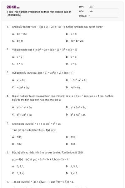 7 câu Trắc nghiệm Phép nhân đa thức một biến có đáp án (Thông hiểu)