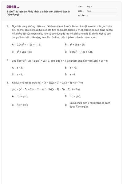 3 câu Trắc nghiệm Phép nhân đa thức một biến có đáp án (Vận dụng)