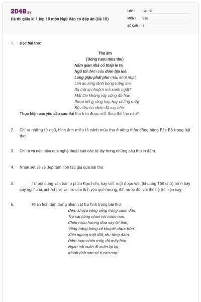 Đề thi giữa kì 1 lớp 10 môn Ngữ Văn có đáp án (Đề 10)