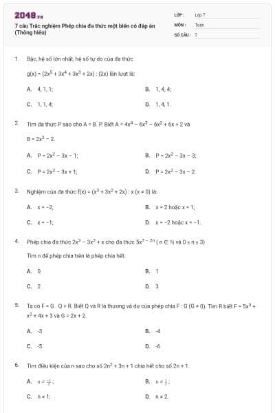 7 câu Trắc nghiệm Phép chia đa thức một biến có đáp án (Thông hiểu)