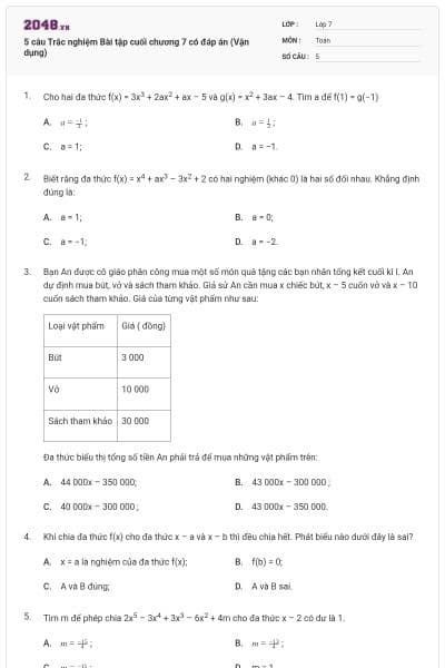 5 câu Trắc nghiệm Bài tập cuối chương 7 có đáp án (Vận dụng)