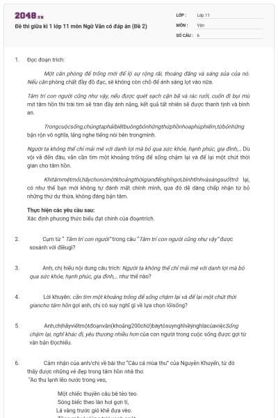 Đề thi giữa kì 1 lớp 11 môn Ngữ Văn có đáp án (Đề 2)