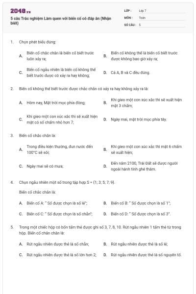 5 câu Trắc nghiệm Làm quen với biến cố có đáp án (Nhận biết)