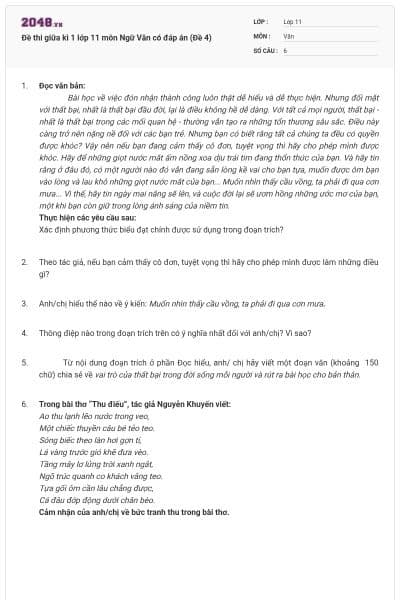 Đề thi giữa kì 1 lớp 11 môn Ngữ Văn có đáp án (Đề 4)