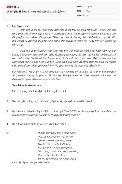 Đề thi giữa kì 1 lớp 11 môn Ngữ Văn có đáp án (Đề 6)