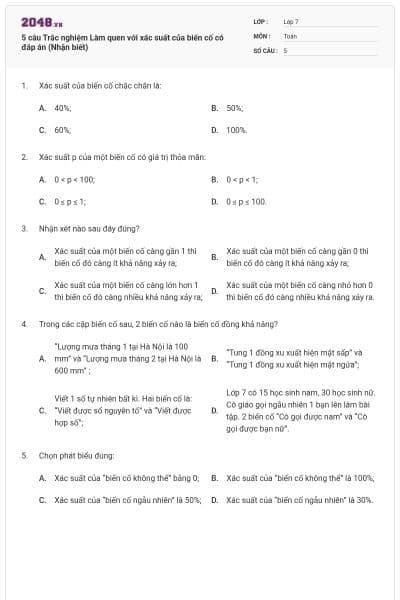 5 câu Trắc nghiệm Làm quen với xác suất của biến cố có đáp án (Nhận biết)