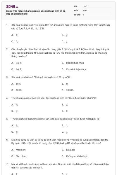 8 câu Trắc nghiệm Làm quen với xác suất của biến cố có đáp án (Thông hiểu)
