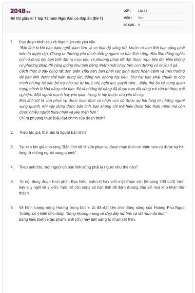 Đề thi giữa kì 1 lớp 12 môn Ngữ Văn có đáp án (Đề 1)