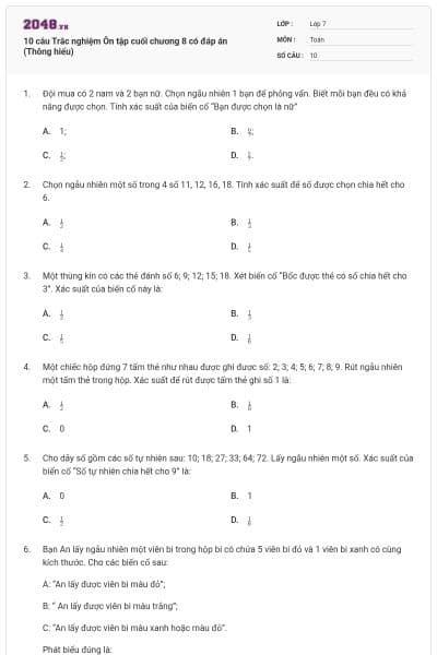 10 câu Trắc nghiệm Ôn tập cuối chương 8 có đáp án (Thông hiểu)