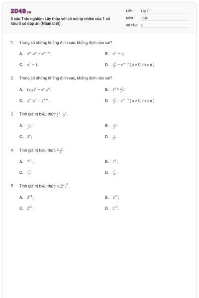 5 câu Trắc nghiệm Lũy thừa với số mũ tự nhiên của 1 số hữu tỉ có đáp án (Nhận biết)