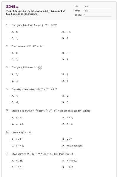 7 câu Trắc nghiệm Lũy thừa với số mũ tự nhiên của 1 số hữu tỉ có đáp án (Thông dụng)