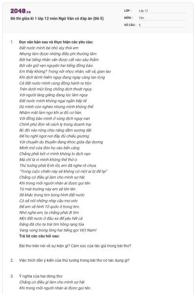 Đề thi giữa kì 1 lớp 12 môn Ngữ Văn có đáp án (Đề 5)