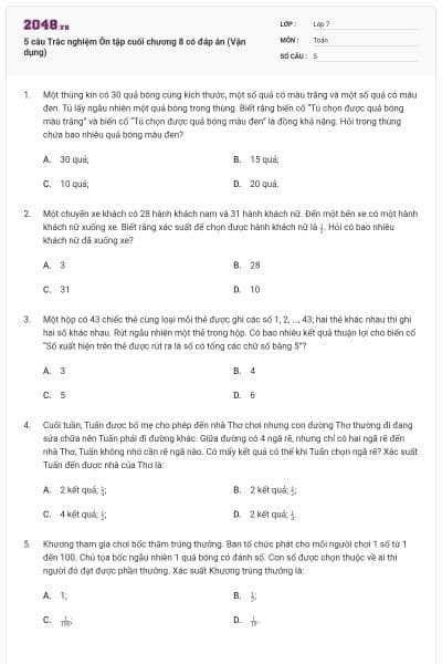 5 câu Trắc nghiệm Ôn tập cuối chương 8 có đáp án (Vận dụng)