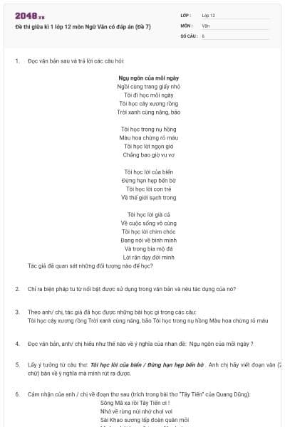 Đề thi giữa kì 1 lớp 12 môn Ngữ Văn có đáp án (Đề 7)