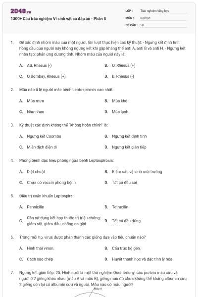 1300+ Câu trắc nghiệm Vi sinh vật có đáp án - Phần 8