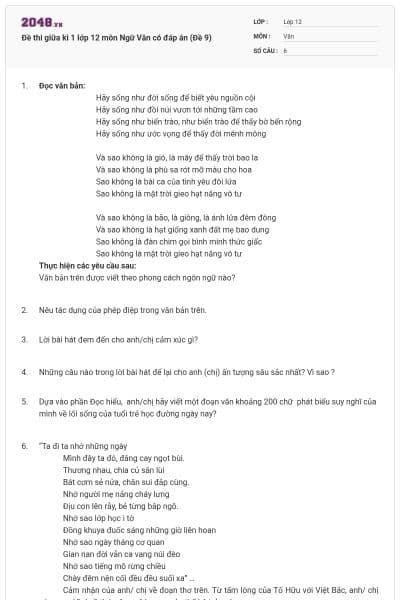 Đề thi giữa kì 1 lớp 12 môn Ngữ Văn có đáp án (Đề 9)