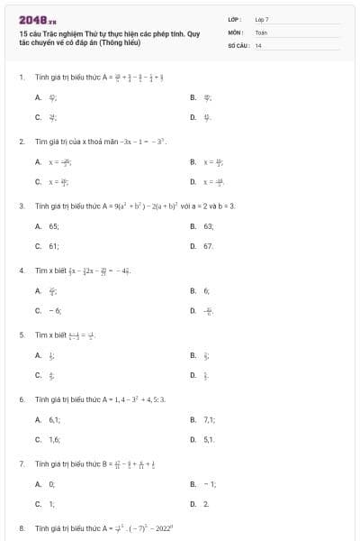 15 câu Trắc nghiệm Thứ tự thực hiện các phép tính. Quy tắc chuyển vế có đáp án (Thông hiểu)