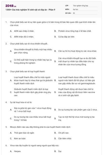 1300+ Câu trắc nghiệm Vi sinh vật có đáp án - Phần 9