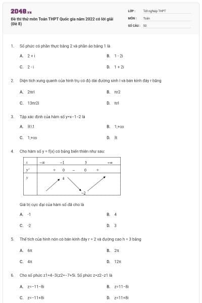 Đề thi thử môn Toán THPT Quốc gia năm 2022 có lời giải (Đề 8)