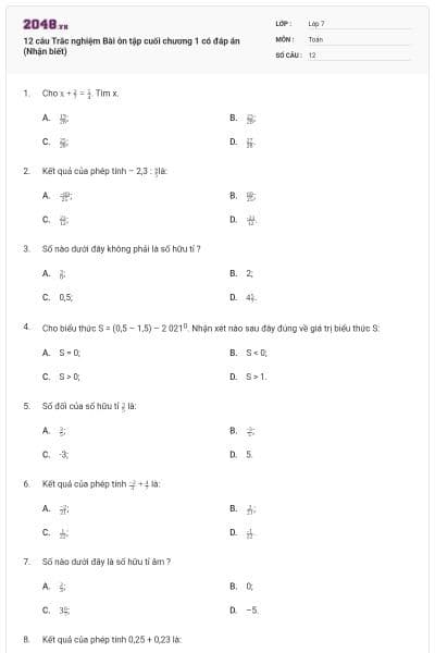 12 câu Trắc nghiệm Bài ôn tập cuối chương 1 có đáp án (Nhận biết)